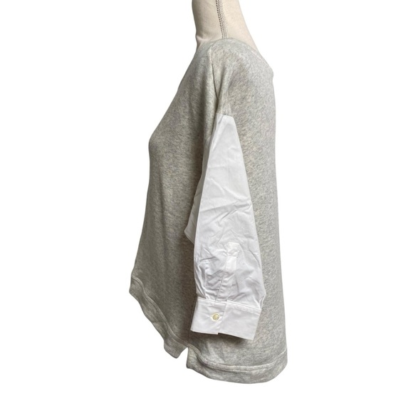 LOFT Gray Knit Mixed Media Top Small White Poplin Sleeve Pullover Blouse - Picture 6 of 11